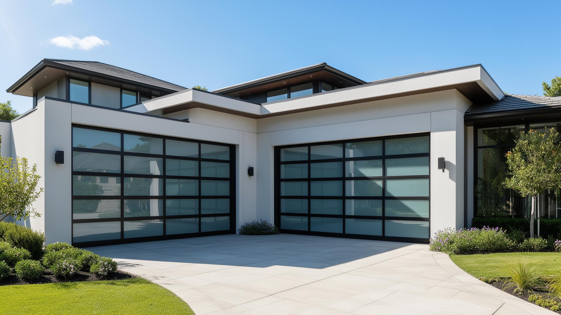 Modern contemporary aluminum garage doors with full glass panels on luxury home in Neah Bay, WA